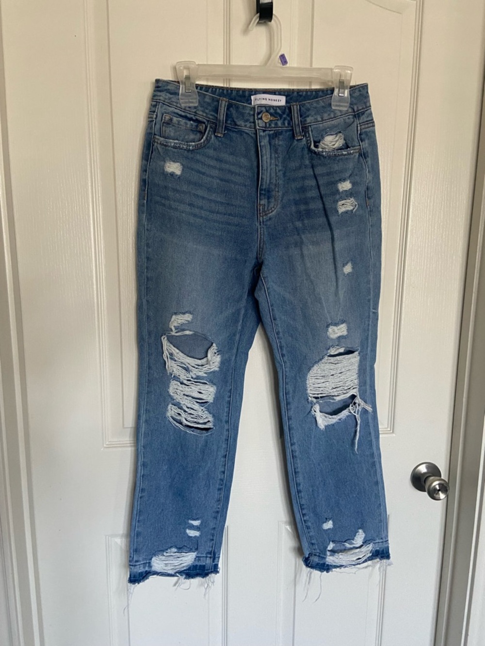 Flying Monkey Distressed Cropped Jeans - Light Blue
